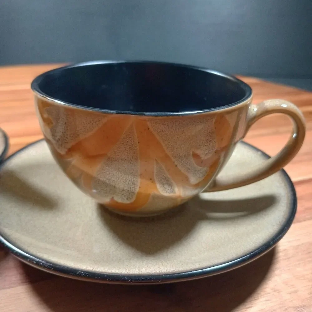 Pier 1 Kioko Stoneware Coffee Tea Mug Cup‎ & Saucer 2 Sets Speckled Hand Painted